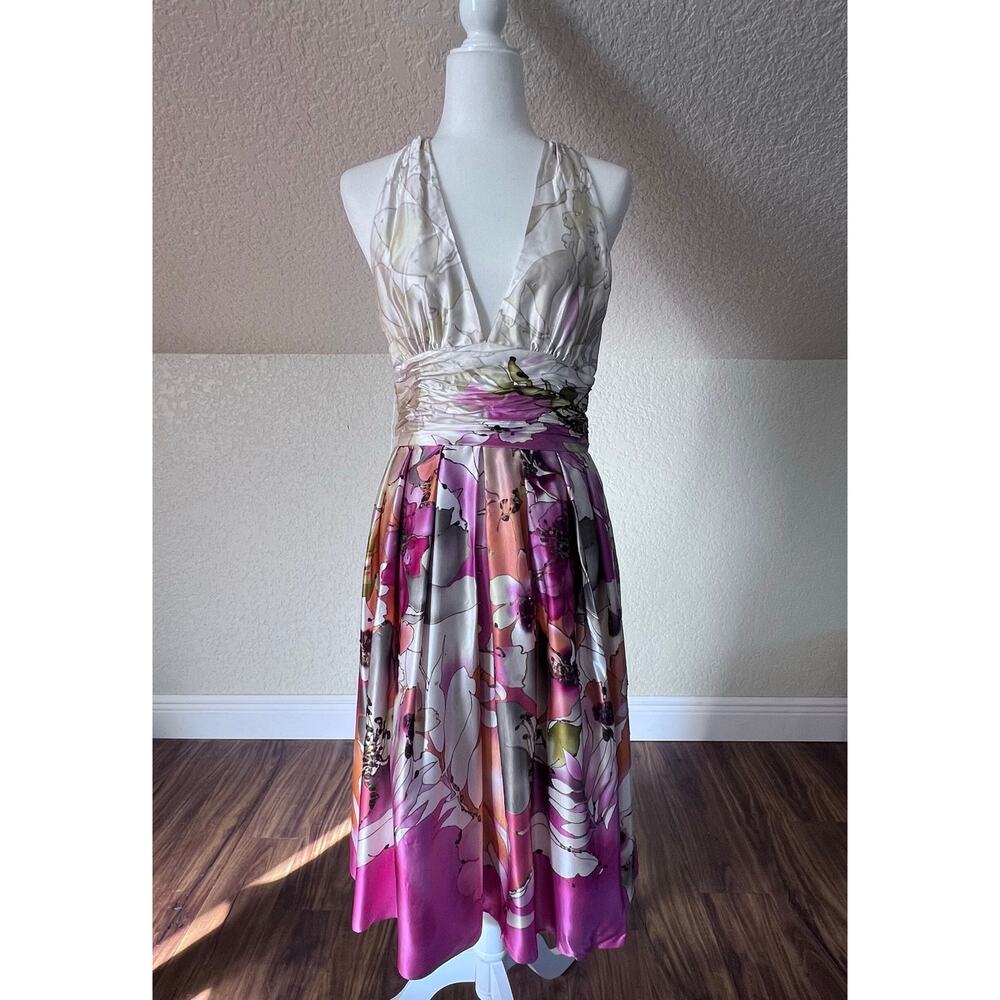 Adrianna Papell Occasions Floral Halter Midi Dress Pink Orange White 100% Silk 8